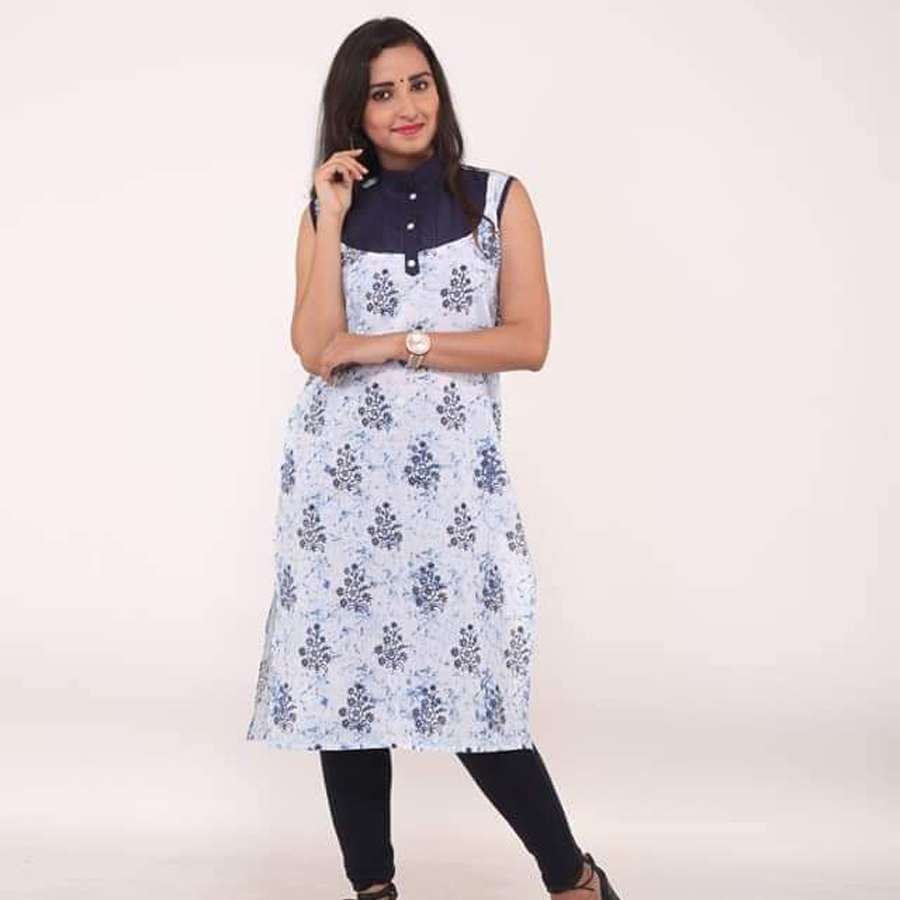 Navy Blue Cotton Printed Top