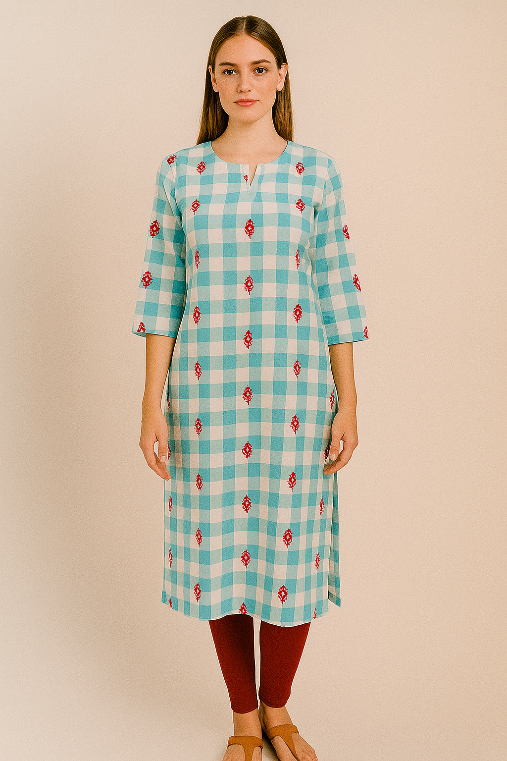 Cotton Sky Blue Red checks Printed Tops Kurtis