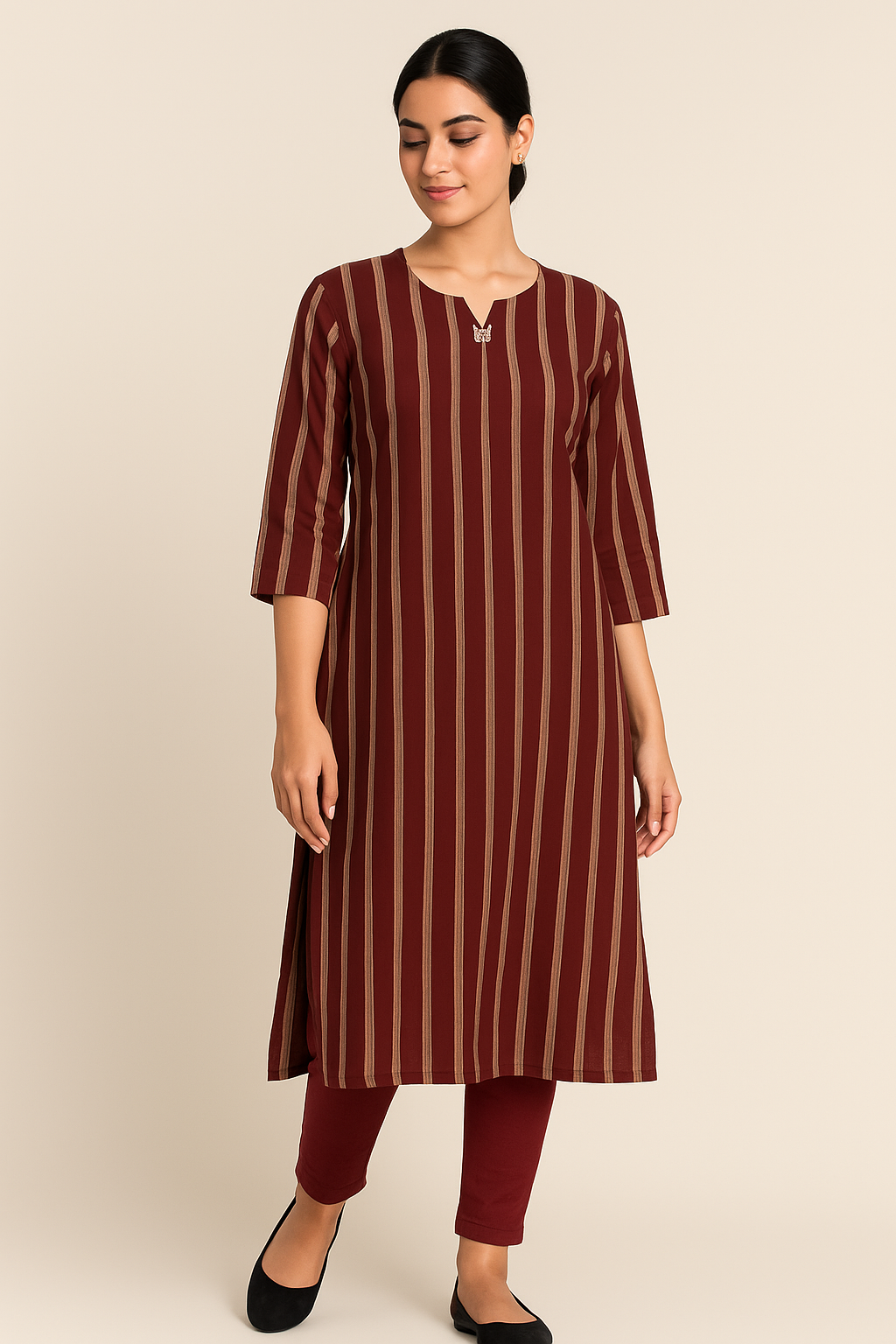 Viscose Yarn Dyed Twill Stripes Burgundy Soft Kurtis